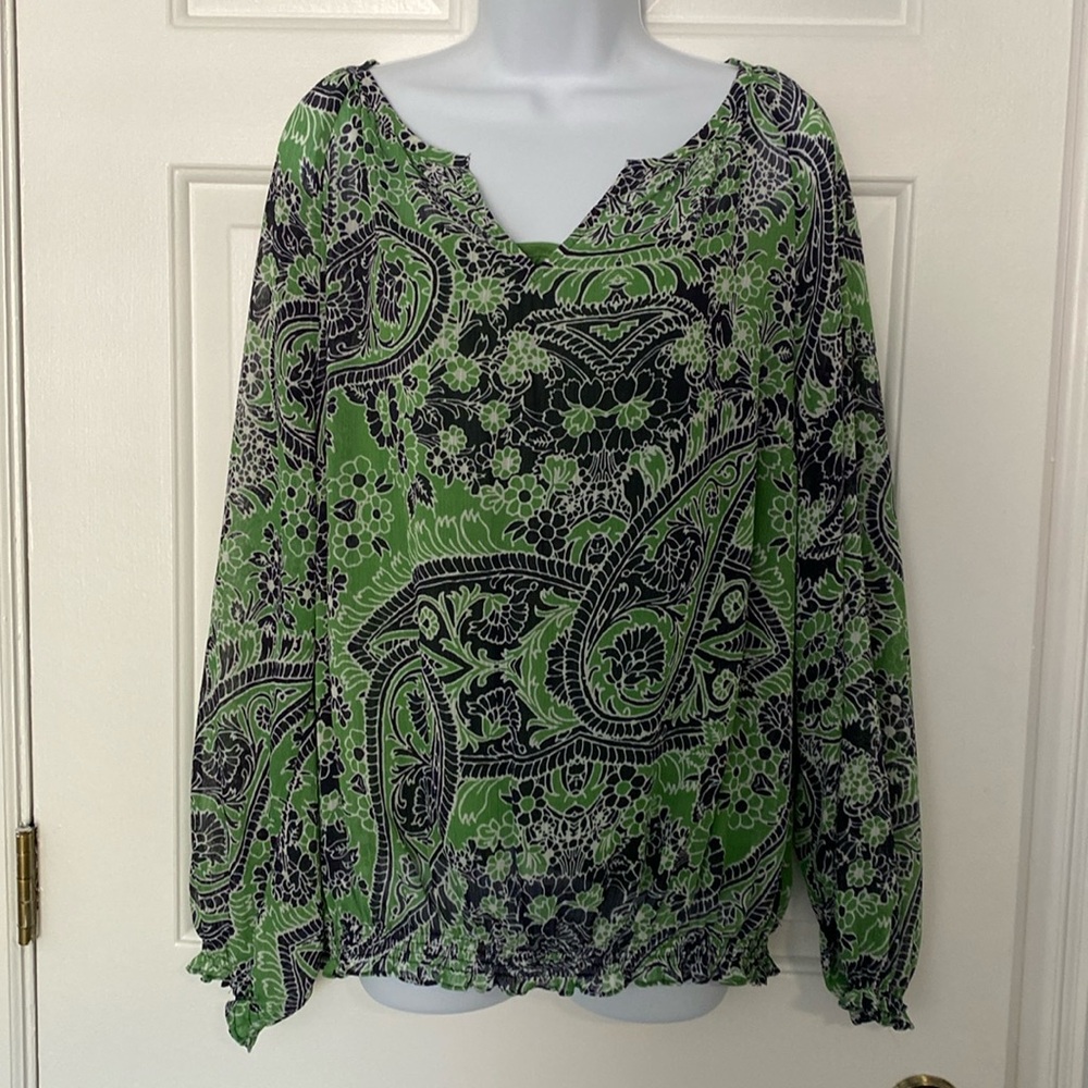 Liz Claiborne Womens XL Green Blue Sheer Paisley Blouse Top w/Tank